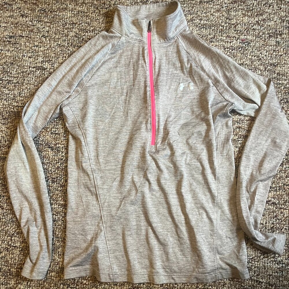 UNDER ARMOUR Women’s 1/2 Zip Pullover Light Gray Pink Zipper Medium Heatgear